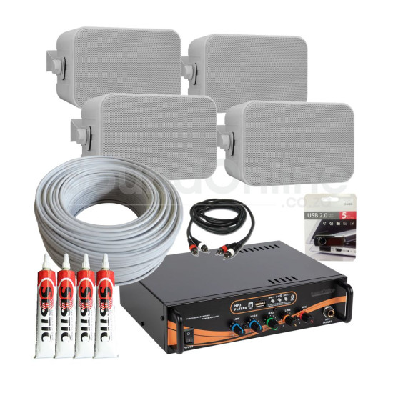Coffee Shop & Small Restaurant Bluetooth Sound System Kit with 4 x White Wall Mount Speakers