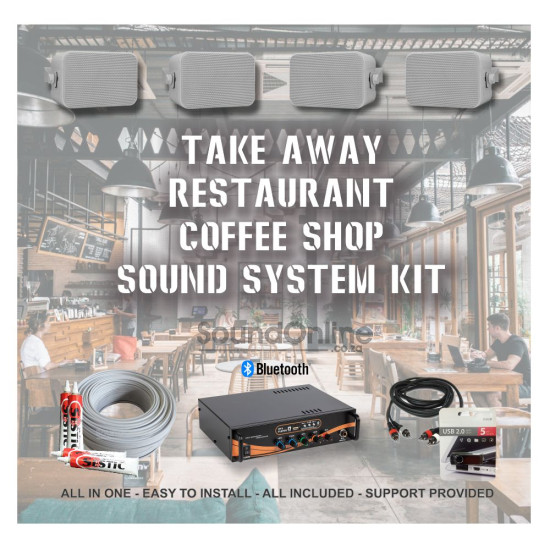 Coffee Shop & Small Restaurant Bluetooth Sound System Kit with 4 x White Wall Mount Speakers