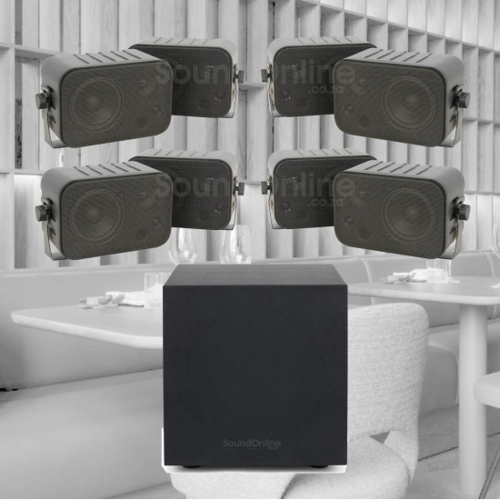Restaurant / Pub Bluetooth Sound System Kit with 8 x Black Wall Mount Speakers with Subwoofer