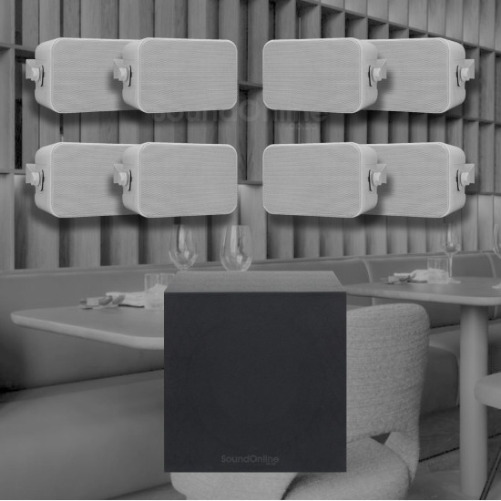 Restaurant / Pub Bluetooth Sound System Kit with 8 x White Wall Mount Speakers with Subwoofer